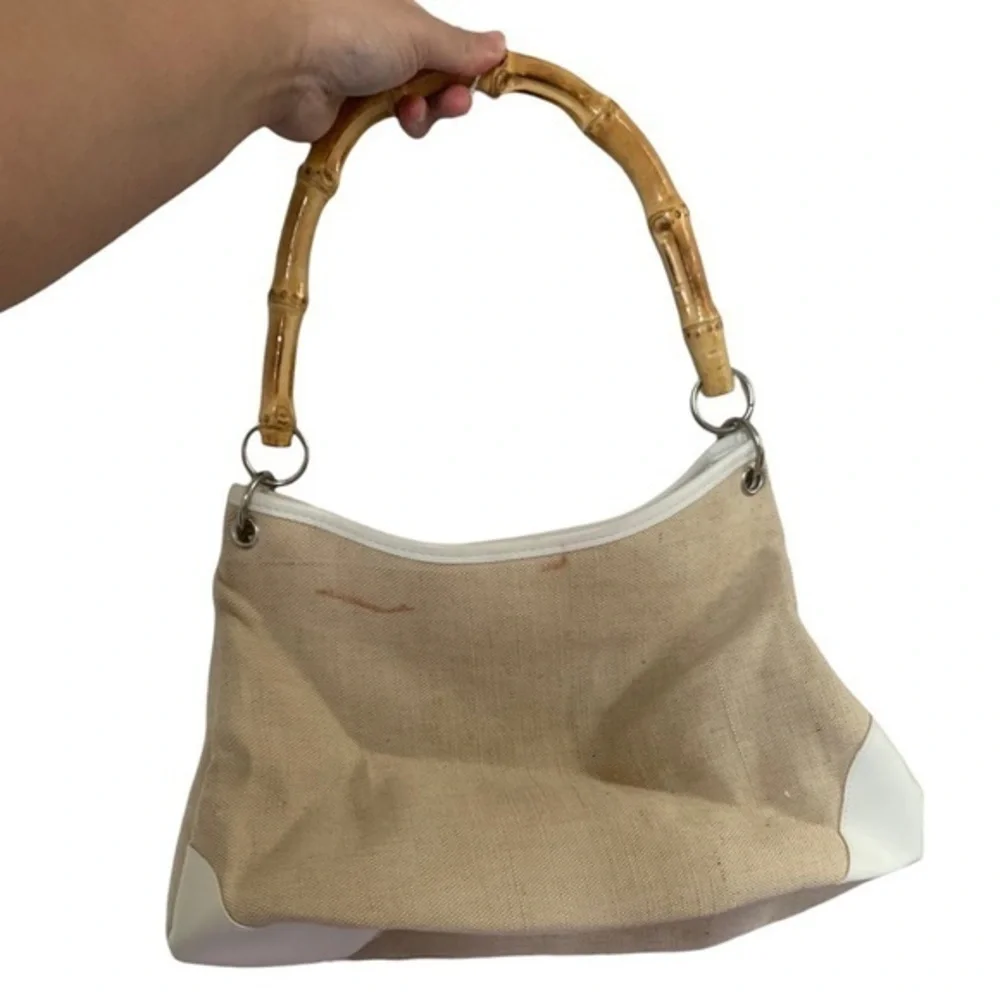 Vintage Cream Canvas Purse w/Bamboo Handles